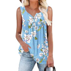 HAHIYOR Womens Tank Tops Summer Sleeveless Henley Shirts Flowy Pleated V-Neck Tunics Tee
