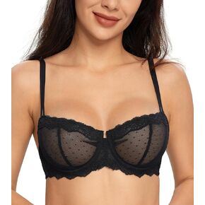 Lemorosy Women's Non-Padded Underwire Lace Balconette Unlined Demi Sheer Bra