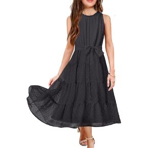 Virmoku Girls Dresses Halter Sleeveless Blet Flowy Casual Cute Puffy Pompom Kids Long Dresses for Girls Size 5-12