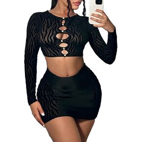 MakeMeChic Women's Striped 2 Piece Outfits Cut Out Crop Top and Bodycon Pencil Mini Skirt Set