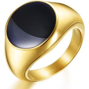 Adreamz Signet Stainless Steel Band Ring 18K Gold Signet Rings for Men Women Circle Black inlay Silver Gold Wedding Bands (Gold+Black)