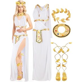Liitrsh 3 Pcs Halloween Greek Goddess Costume Set Including Bodysuit Costume Gold Laurel Wreath Adult Goddess Sandals for Women Cosplay Party Decoration, M Size