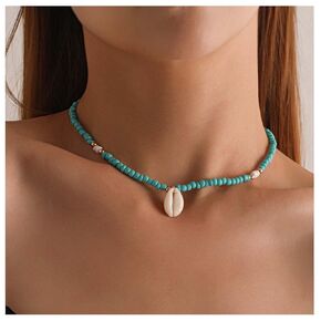 Iaceble Boho Seed Bead Choker Necklace Turquoise Beaded Clavicle Necklace Seashell Pendant Necklace Chain Summer Beach Choker Necklace Chain Jewelry for Women and Girls