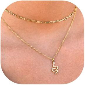 Gold Layered Necklace for Women 14K Gold Plated Dainty Necklace Diamond Cross Heart Pearl Snake Pendant Necklace Herringbone Paperclip Chain Choker Necklace for Women Jewelry Gifts for Girls