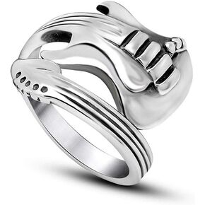 Music Guitar Ring Men's Fashion Open Punk Rock Biker Adjustable Ring High Polish Stainless Steel Size 8 to 12