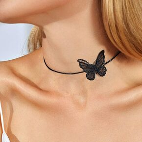 Gothic Lace Butterfly Choker Embroidery Leather Thin Necklace Sexy Black White Leather Rope Collar Necklace Prom Club Ball Party Accessories for Women Girls (Black)