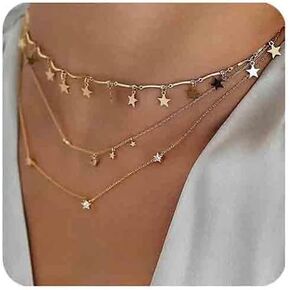 Chargances Bohemia Gold Three Layered Necklace Star Choker Gold Choker Sun Star Pendant Layered Choker Set Multilayer Chain for Women Beads Leaf Jewelry for Women and Girls