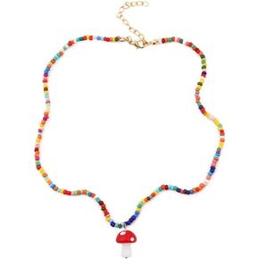 MOKAVIKY 25 Beaded Colorful Mushroom Pendant Chain Necklace Cute Mushroom Choker Necklace for Women