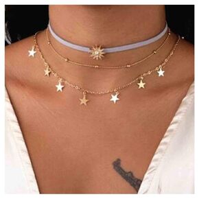 Yheakne Boho Layered Star Choker Necklace Micro Pave Sun Velvet Choker Necklace Short Multi Layered Vintage Necklace Chain Celestial Necklace Jewelry for Women and Girls