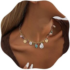 CASOLVX Gold Colorful Beaded Necklace Handmade Aesthetic Necklace Pearl Choker Necklace Trendy Turquoise Chain Baroque Pearl Pendant Necklace Jewelry for Women and Teen Girls