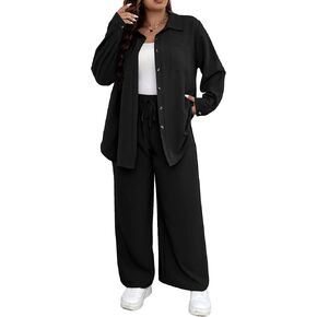 Floerns Women's 2 Piece Outfits Slit Hem Longline Blouse and Wide Leg Pants Set