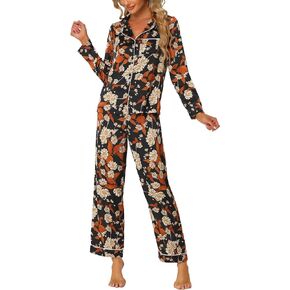cheibear Womens Satin Pajamas Sleepwear Long Sleeve Tops with Pants Button Down Floral Lounge Sets