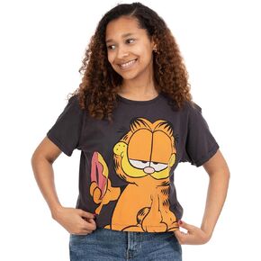 Garfield Cropped T-Shirt Womens Ladies Doughnut Charcoal Top Clothes