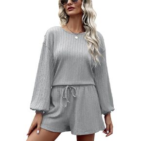 2 Piece Lounge Sets for Women Crew Neck Pajama Sets Long Lantern Sleeve Casual Matching Outfits LoungeWear
