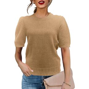 INFULEIMU Womens Puff Short Sleeve Sweater Tops Crew Neck Knit Pullover Shirts Casual Sweater Blouse