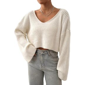 Floerns Women's Long Sleeve Pullover V Neck Drop Shoulder Rib Knit Sweaters Top