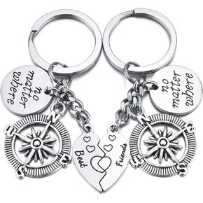 Jovivi 2pcs Matching Keychains for Best Friends no matter where Compass Heart Keychain Friendship Keyring for BBF Family