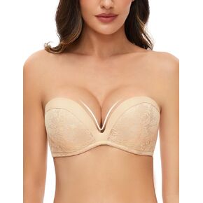 Deep Plunge Push Up Strapless Bra Lace Heavily Padded with Clear Straps Low Cut Add 1 Cup Underwire Bras