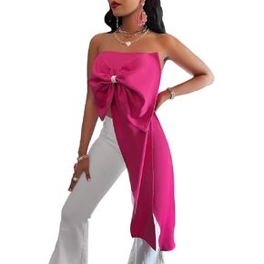 WDIRARA Women's Bow Front Shirred Tube Top Asymmetrical Hem Strapless Bandeau Crop Party Tops