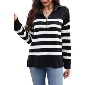 BMJL Womens Quarter Zip Striped Sweater Oversized Drop Shouder Long Sleeve Side Slit Casual Pullover Sweaters Jumper