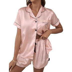 OYOANGLE Women's Satin Silky Pajama Set Button Down Short Sleeve Pj Lounge Sets Sleepwear