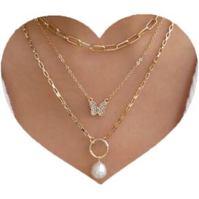 Paperclip Choker Necklaces Butterfly Layered Necklace Gold Hollow out Pearl Pendant Necklace for Women