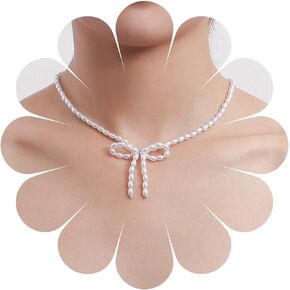Iaceble Boho Bow Pearl Choker Necklace White Pearl Necklace Chain Pearl Bow Pendant Necklace Bow Tie Necklace Pearl Bead Collar Necklace Hollow Bowknot Necklace Jewelry for Women and Girls