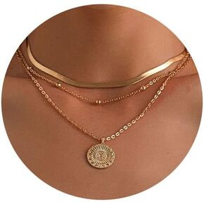 Gold Plated Layered Necklace for Woman Choker,Gold/Silver Dainty Necklaces Beaded Chains Pendant for Girls Snake Chain Herringbone Paperclip Necklace