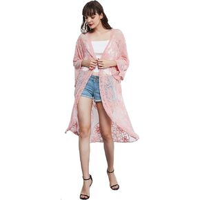 Anna-Kaci Women's Embroidered Lace Floral Kimono 3/4 Sleeve Loose Long Cover Up Cardigan
