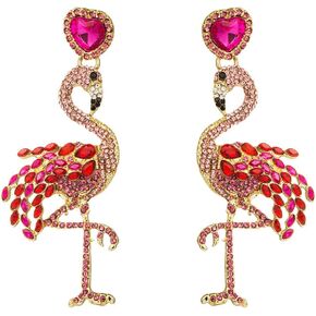 Exquisite Flamingo Bird Dangle Statement Earrings for Women Girls Crystal Rhinestone Love Heart Dangling Drop Earring Cute Jewelry Gifts Bridal Birthday Christmas