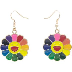MALOYANVE Cartoon Flower Rainbow Stud Earrings for Women Girls Gold Plated Colorful Smile Face Sunflower Studs Daisy Flower Dangle Drop Earring Jewelry