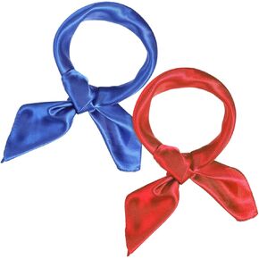 AGFELO 2pcs Silk Scarf Red and Lake Blue Square Neck Chiffon Scarf Handkerchief Retro Satin Ribbon Hair Silk Scarves for Women Girls