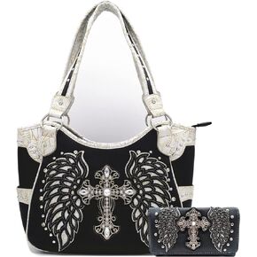 Western Style Rhinestone Cross Studded Laser Cut Wings Tooled Leather Purse Women Handbags Country Shoulder Bag Wallet Set in Kuwait