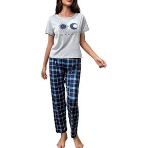 SweatyRocks Women's 2 Piece Pajama Set Short Sleeve Graphic Print Top and Plaid Pants Set