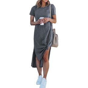 Alaster Women’s Casual T-Shirt Midi Dress Short Sleeve Summer High Splits Dress with Pocket High Low Solid Midi Dress