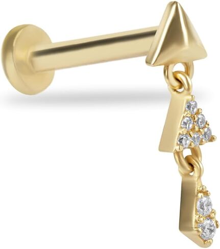 Triangle Labret Cartilage Piercing Earring With Hanging Clear Zircons- 14K Solid Yellow Gold - For Helix Tragus Lobe Conch Flat & Other Body Piercing BY KORAL JEWELRY in Saudi Arabia