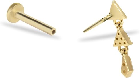 Triangle Labret Cartilage Piercing Earring With Hanging Clear Zircons- 14K Solid Yellow Gold - For Helix Tragus Lobe Conch Flat & Other Body Piercing BY KORAL JEWELRY in Saudi Arabia
