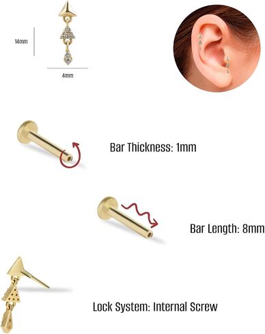 Triangle Labret Cartilage Piercing Earring With Hanging Clear Zircons- 14K Solid Yellow Gold - For Helix Tragus Lobe Conch Flat & Other Body Piercing BY KORAL JEWELRY in Saudi Arabia