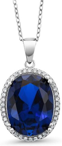 Gem Stone King 925 Sterling Silver Blue Created Sapphire Pendant Necklace For Women (10.00 Cttw, Oval 12X16MM, with 18 Inch Silver Chain) in Saudi Arabia