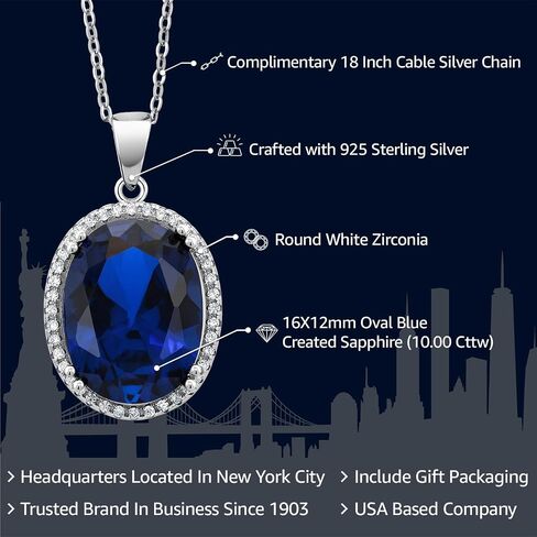 Gem Stone King 925 Sterling Silver Blue Created Sapphire Pendant Necklace For Women (10.00 Cttw, Oval 12X16MM, with 18 Inch Silver Chain) in Saudi Arabia