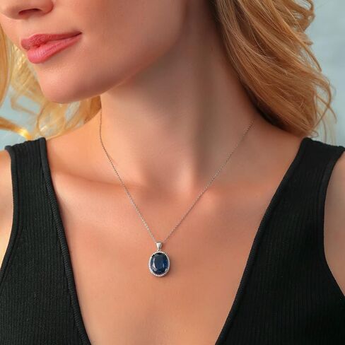 Gem Stone King 925 Sterling Silver Blue Created Sapphire Pendant Necklace For Women (10.00 Cttw, Oval 12X16MM, with 18 Inch Silver Chain) in Saudi Arabia
