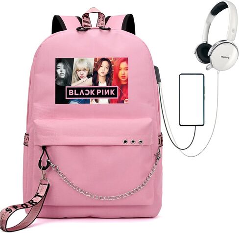 حقيبة ظهر Kpop Lisa Rose JISOO Jennie Color Photo Computer حقيبة ظهر FashionTravel Business Work مع منفذ USB (وردي) in Kuwait