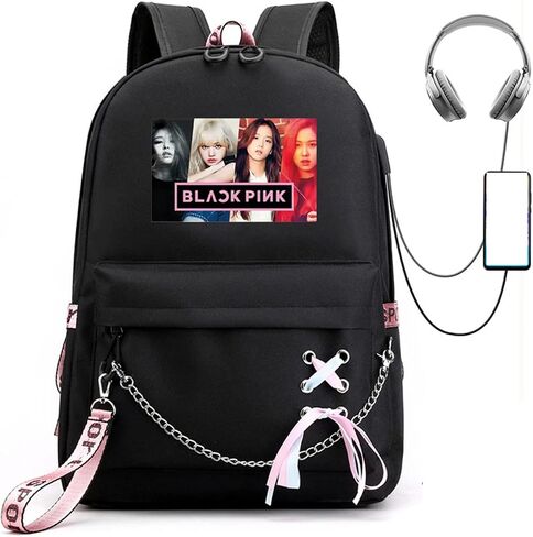 حقيبة ظهر Kpop Lisa Rose JISOO Jennie Color Photo Computer حقيبة ظهر FashionTravel Business Work مع منفذ USB (وردي) in Kuwait
