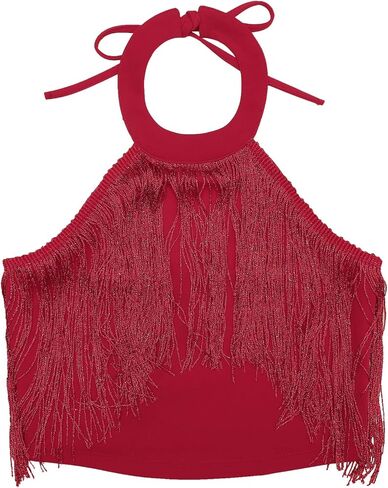 Allegra K Crop Tops for Women's Fringe Trim Glitter Sleeveless Tie Halter Neck Sparkly Party Corset Top in Saudi Arabia