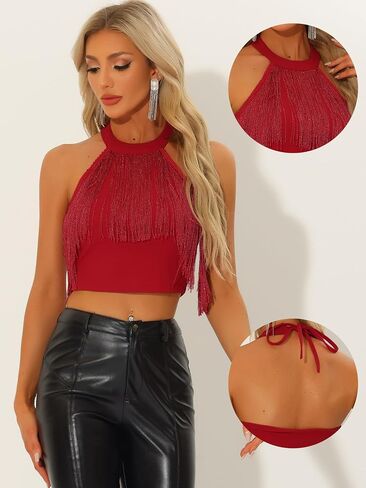 Allegra K Crop Tops for Women's Fringe Trim Glitter Sleeveless Tie Halter Neck Sparkly Party Corset Top in Saudi Arabia