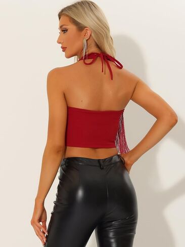 Allegra K Crop Tops for Women's Fringe Trim Glitter Sleeveless Tie Halter Neck Sparkly Party Corset Top in Saudi Arabia