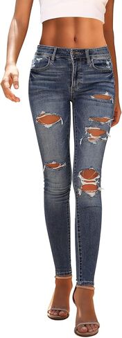 OFLUCK Women's Stretch Ripped Jeans High Rise Stretch Skinny Denim Jeans with Hole in Kuwait
