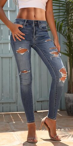 OFLUCK Women's Stretch Ripped Jeans High Rise Stretch Skinny Denim Jeans with Hole in Kuwait
