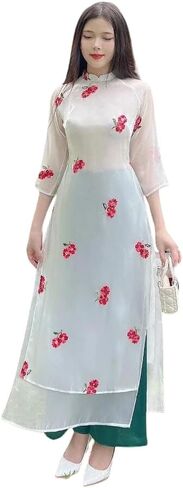 مجموعة CuteSass بيضاء مطرزة ديزي شيفون آو داي | الفيتنامية الحديثة المعدة مسبقًا آو داي | المرأة آو داي مع السراويل in Kuwait