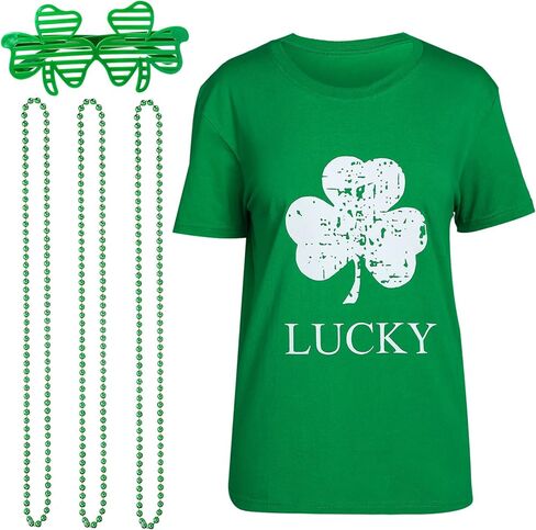 قميص عيد القديس باتريك، قميص أخضر شامروك أيرلندي مع قلائد نظارات شمسية للنساء والرجال in Kuwait